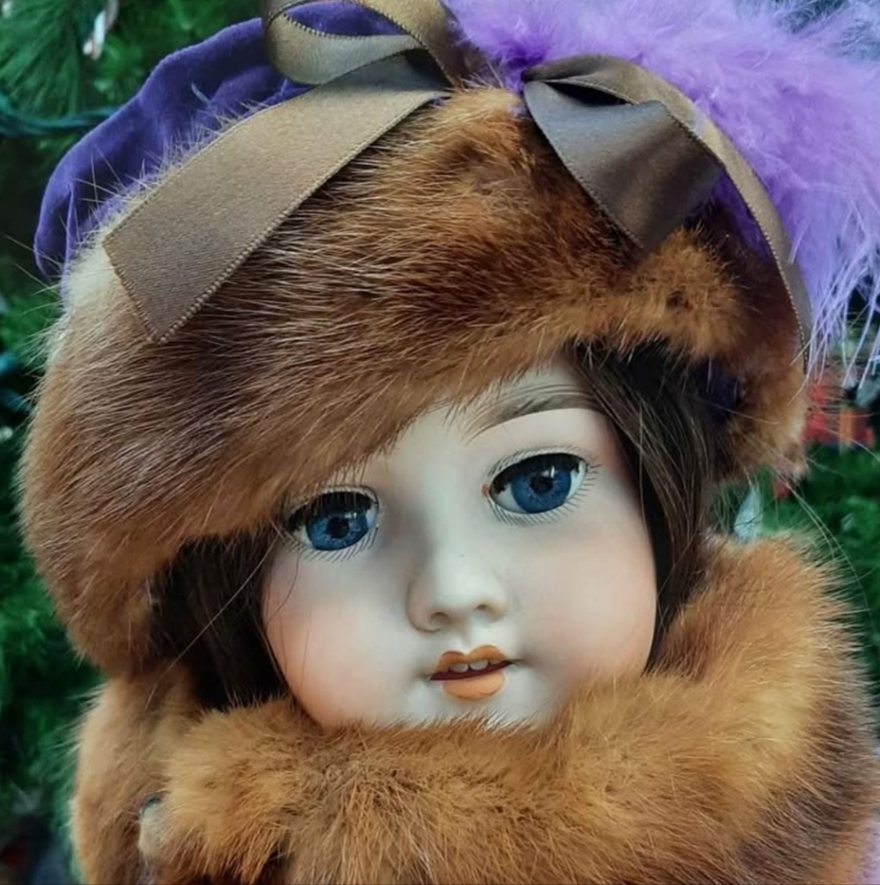 Vintage Art Doll with Brown Fur and Purple Attire